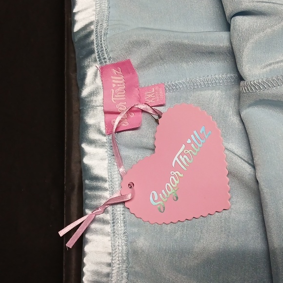 Dolls Kill Sugar Thrillz Cloudy Exes & OMGs Blue Satin & Marabou Flare Pants XXL - Picture 8 of 15